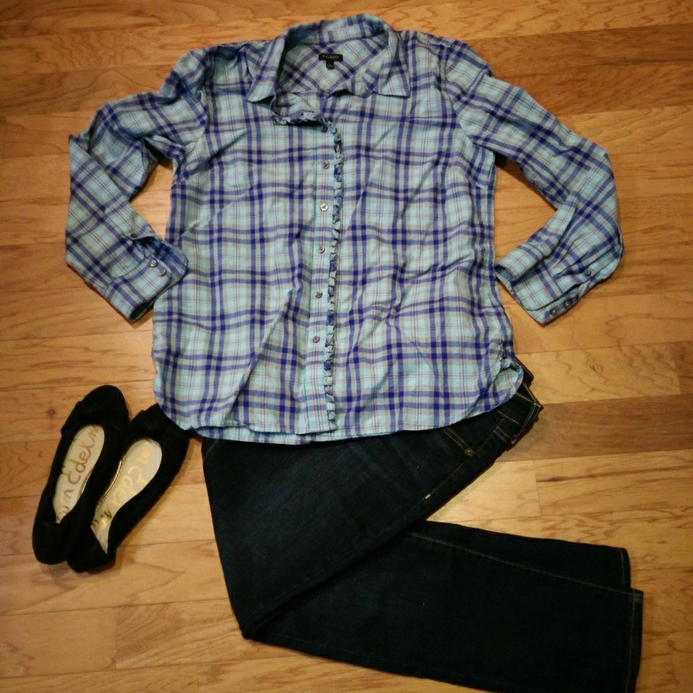 Talbots Plaid Ruffle Front Button Down Blouse